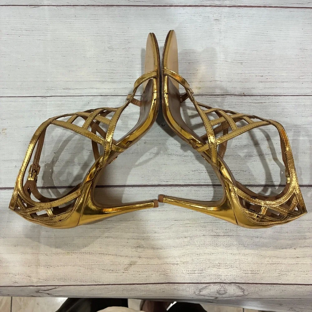 Tory Burch Amalie Strappy Cage Womens 7.5 Gold Metallic Stiletto Heels Buckle